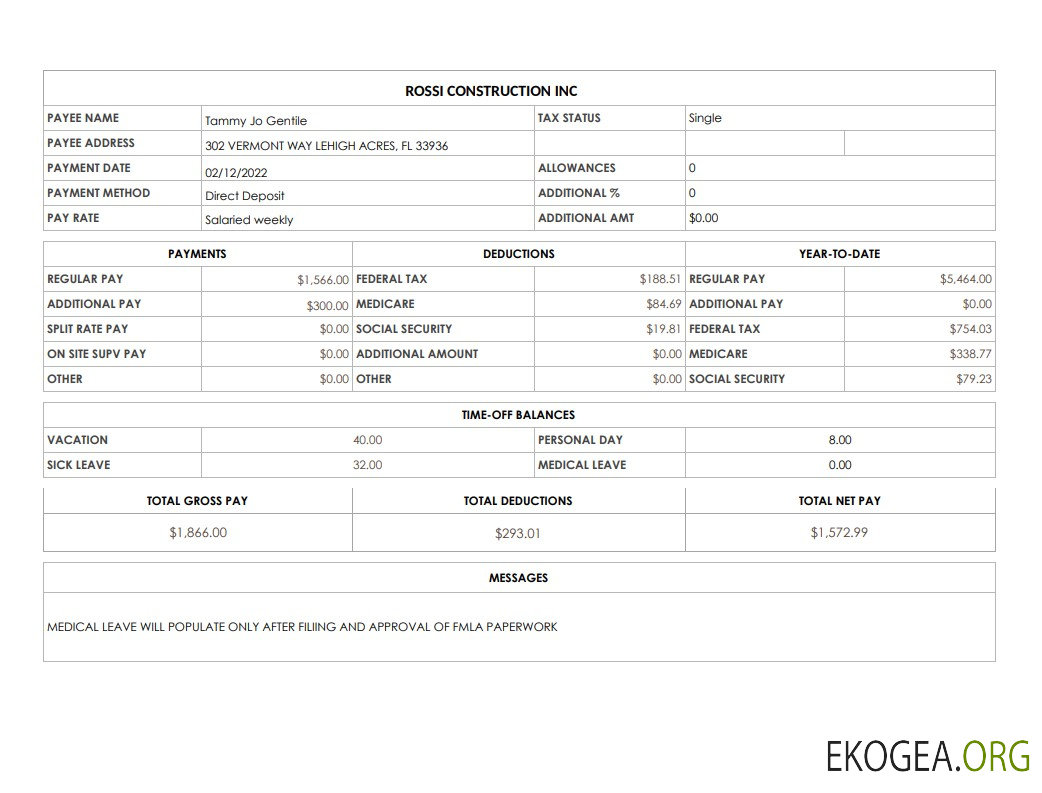 Bulletin de paie de Rossi Construction Inc aux formats PDF et Word
